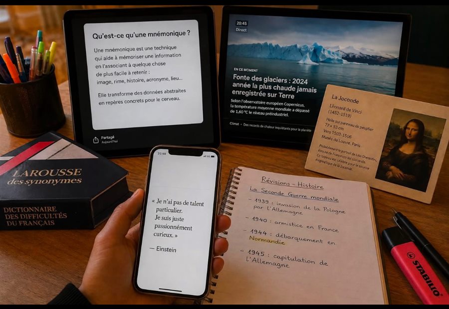 Un bureau le soir : une tablette affiche « Qu'est-ce qu'une mnémonique ? », un écran diffuse un reportage sur la fonte des glaciers, une carte de La Joconde est posée près d'un carnet de révisions d'Histoire, et une main tient un téléphone affichant une citation d'Einstein.